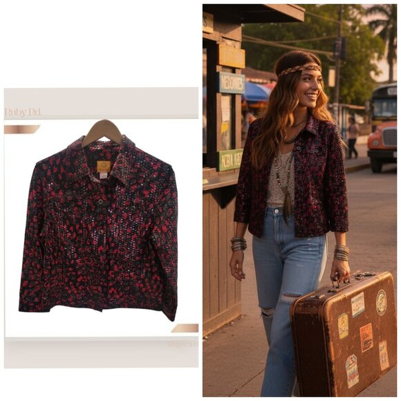 🌿Ruby Rd Clear Sequin Detail Jacket - Vibrant Red & Black - Picture 1 of 11